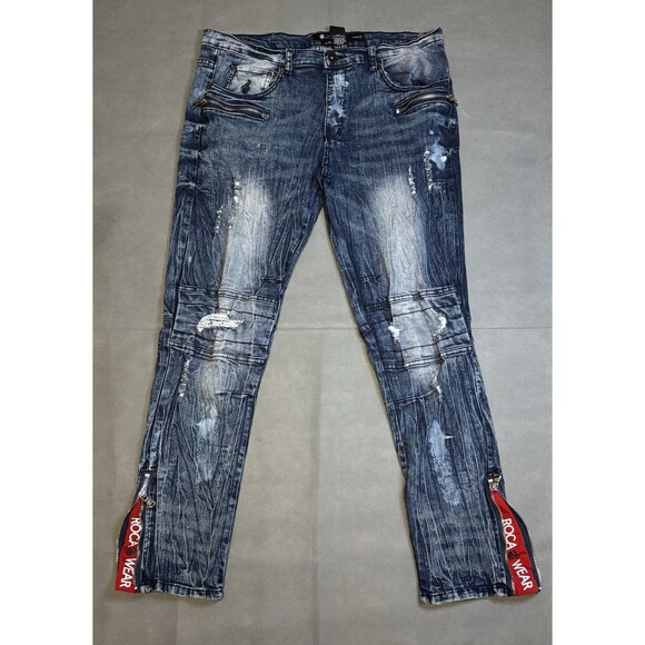Vintage Y2K Rocawear Jeans Mens Stone Washed Distressed Thrashed Size 34/32 - Picture 1 of 9